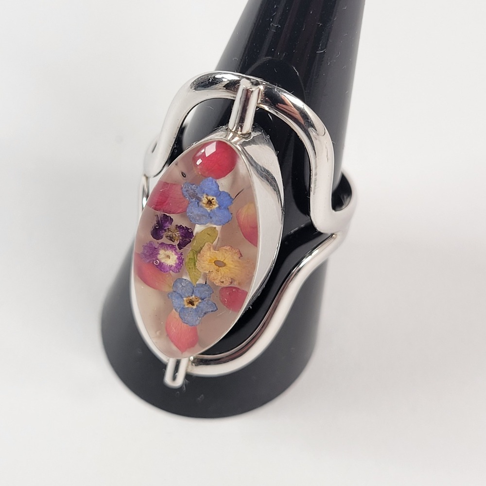 Vintage Mexico 925 Ring Sterling Silver Spinner Abalone &‎ Floral Resin Sz 11.25 - Picture 2 of 12